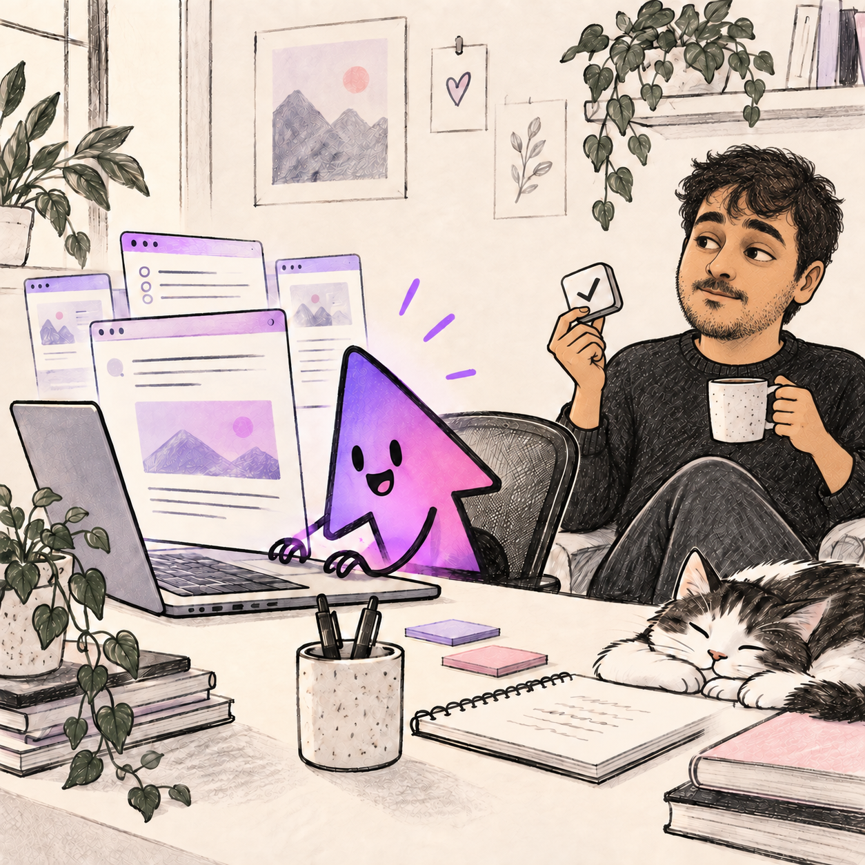 Illustration of an AI cursor using a laptop while a man reviews its work.