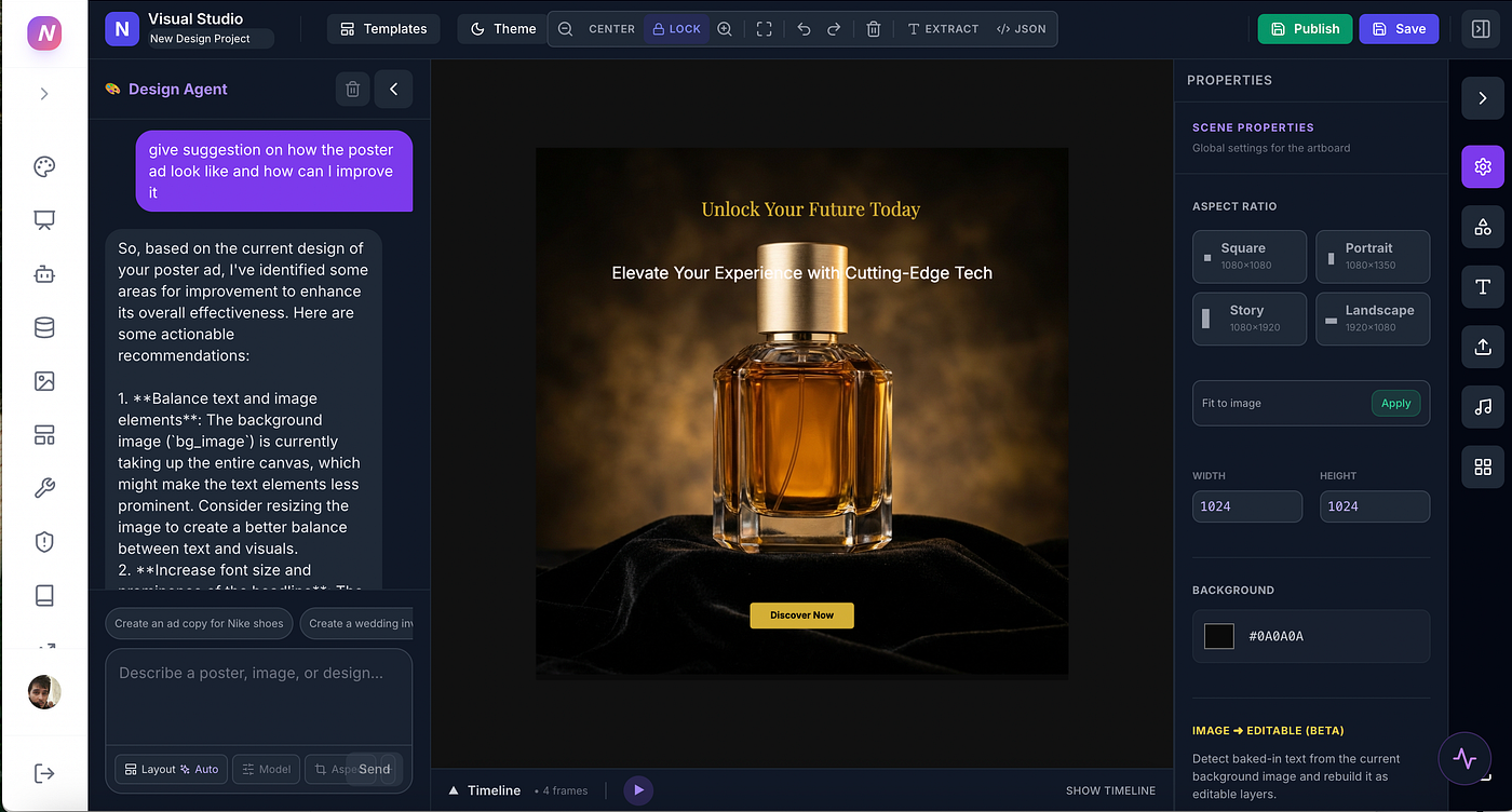 Niki Studio canvas showing an editable perfume campaign design and agent chat.