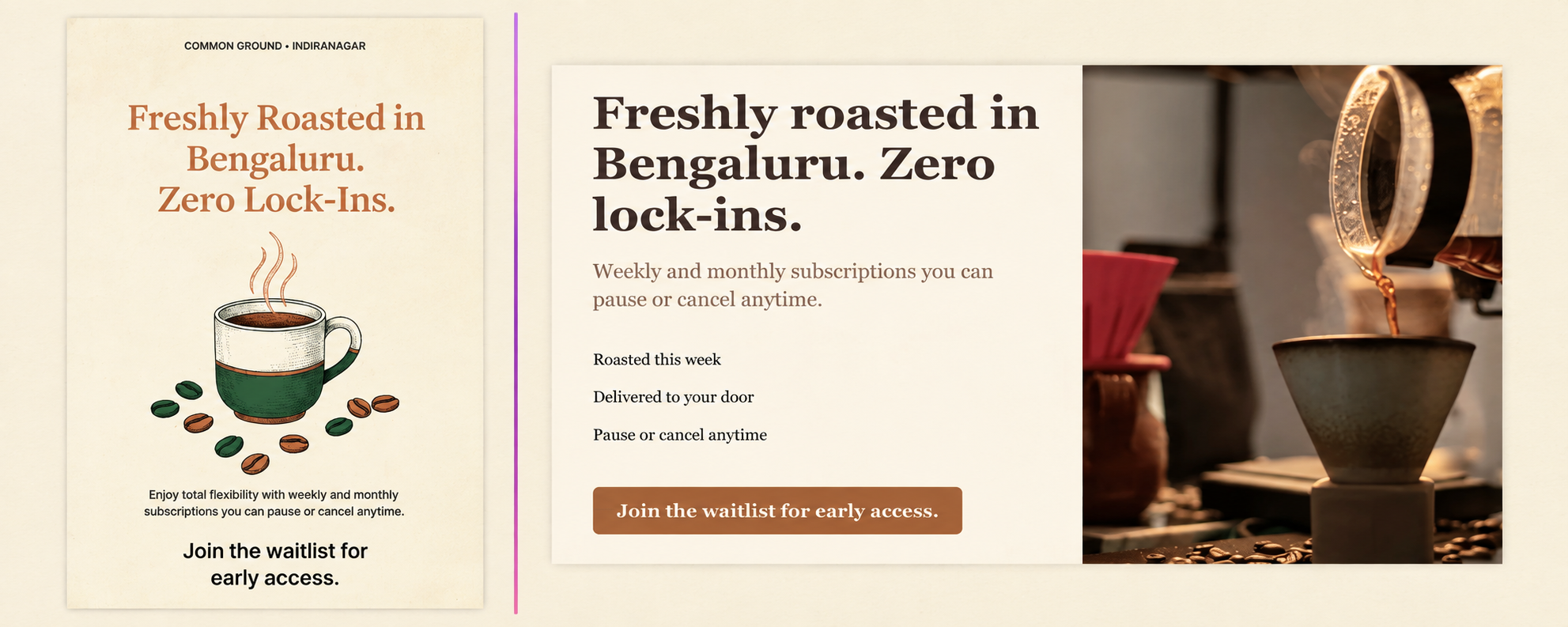 A coffee poster beside a launch slide for the same brand.