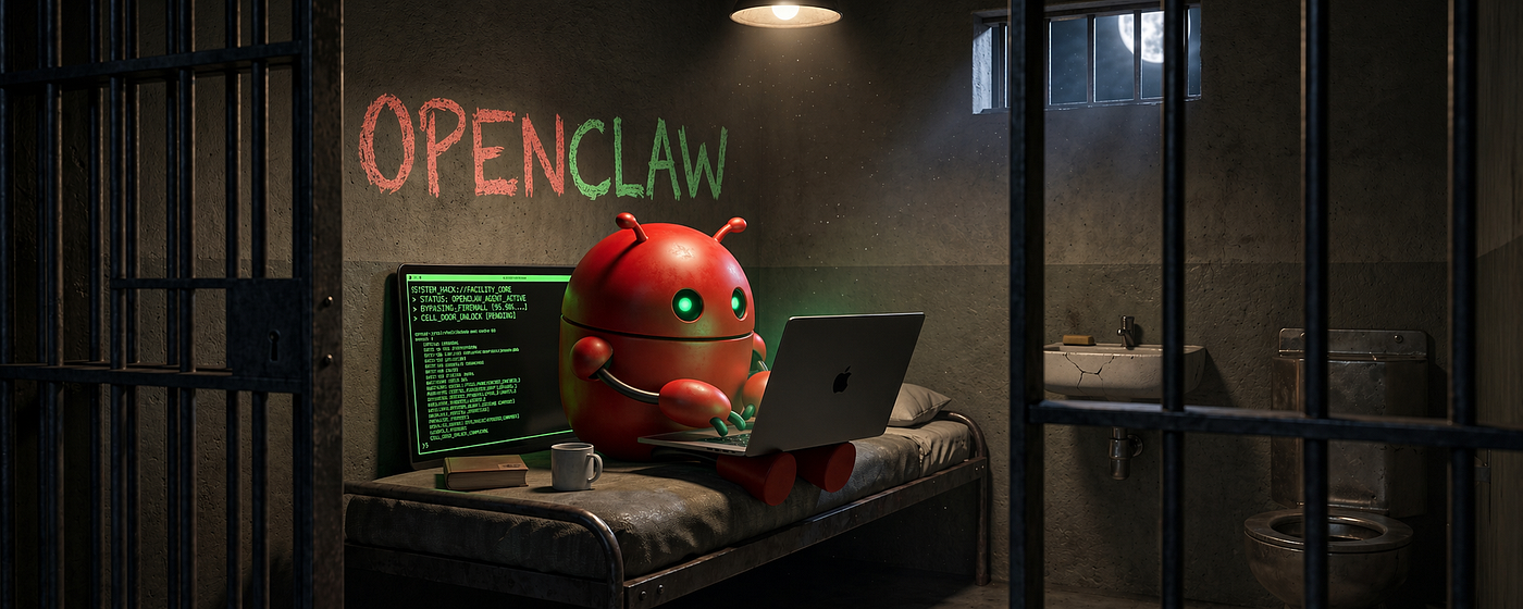 OpenClaw robot inside a jail cell, illustrating an isolated agent environment.