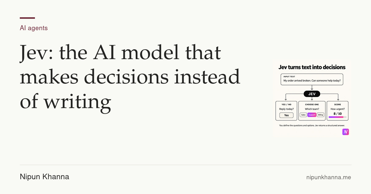 Article card for Jev: the AI model that makes decisions instead of writing